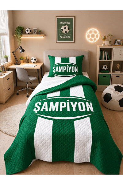 HOMESSA Green and White Champion Fan Children's Room Single Pique Bedspread