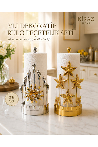 KİRAZHOME 2’li Lüx Gold Gümüş Yıldız Detaylı Metal Rulo Peçetelik Seti