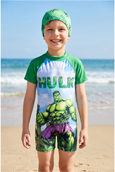 MAVİ BONCUKK Boy's Short Sleeve Jumpsuit Swimsuit and Swim Cap Set Suitable f...