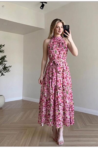 Trendline Women's Halter Neck Woven Fabric Summer Floral Dress