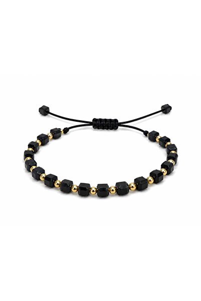 Aur 585 Brățară unisex reglabilă pe șnur negru cu onix și aur galben 14k, 1,46 g