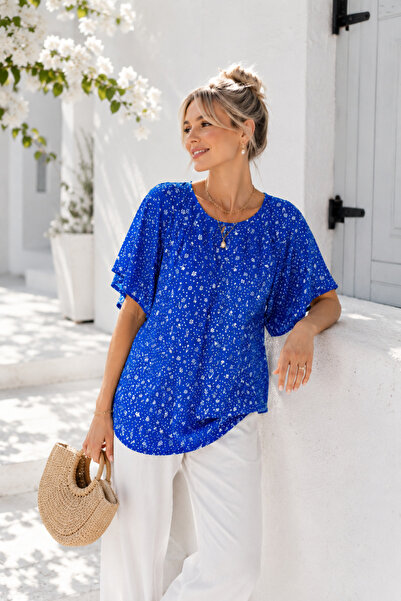 Rich Women's Blue Patterned Short Sleeve Tunic Blouse