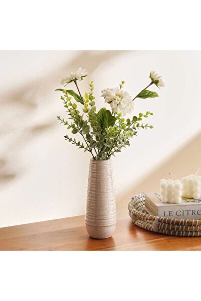 PAN HOME Zinnia & Eucalyptus Floral Arrangment In Ceramic Pot 24x20x52cm - Cream