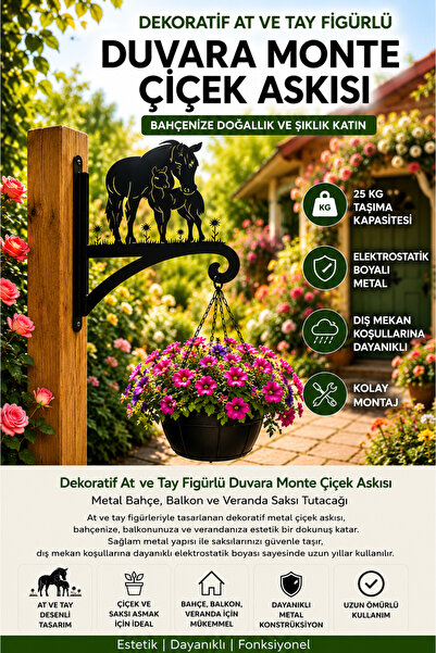 Saklı Home Dekoratif At ve Tay Figürlü Metal Duvara Monte Çiçek Askısı | Bahç...