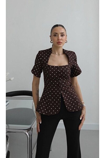 candybia Women's Zra Model Buttoned Polka Dot Square Neck Blouse