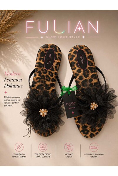Fulian Noha Muse - Women's Leopard Patterned Flip-Flops – Black Strappy Summe...