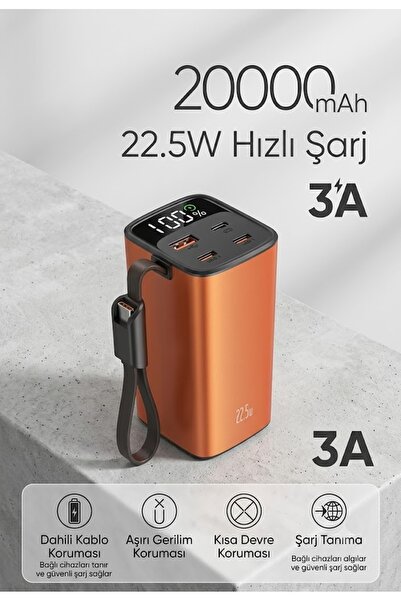 MRKAY 20000 mAh 22.5W Hızlı Şarj Destekli, Dijital Göstergeli ve Dahili Kablo...