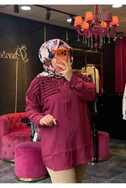 PRENSES ŞAL SALOON İŞLEMELİ GÖMLEK (BORDO)