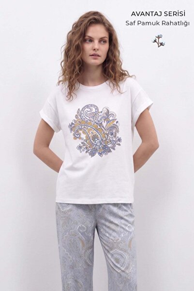 Aytuğ&Mısırlı Egyptian Women's Cotton Short Sleeve Pajama Set White-Grey