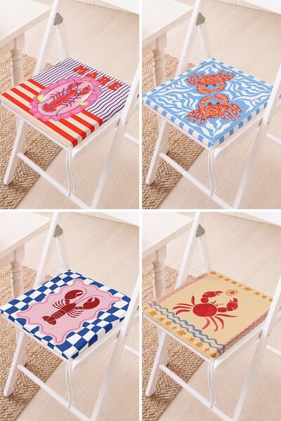 Home Set of 4 Crab and Lobster Patterned Blue and Red Sea Themed Lace-Up Chai...