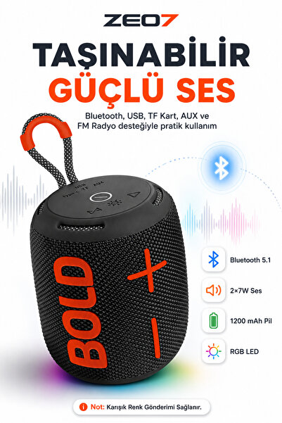 Zeo7 Bluetooth 5.1 2x7W RGB LED USB/TF/FM/AUX 1200 mAh 10 m Menzilli Taşınabi...