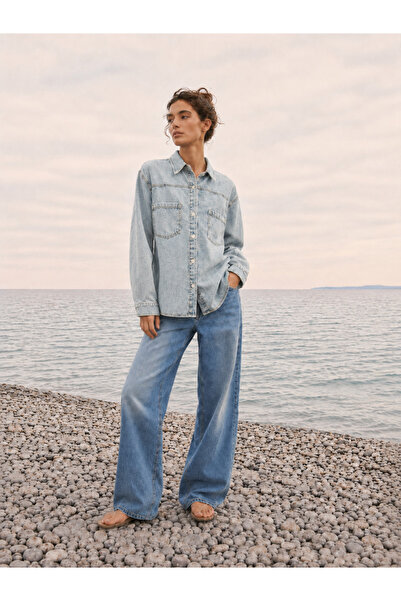 Safari Kadın Oversize Kot Gömlek Çift Cepli Denim Gömlek Uzun Kollu