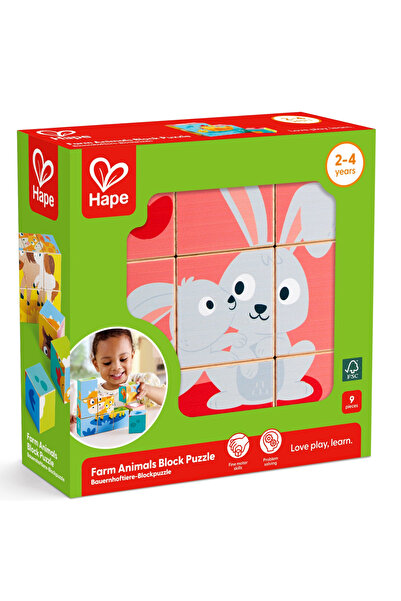 Hape Puzzle din lemn cuburi - Animale de ferma 3 x 3 varsta 2 ani+
