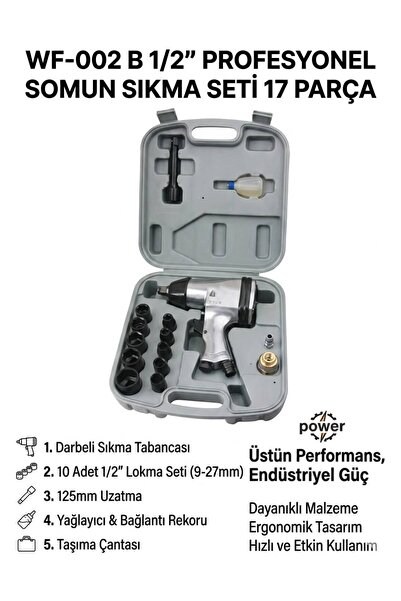 WF -002 B 1/2 Havalı Darbeli Somun Sıkma Tabancası ve Lokma Seti (17 Parça - ...