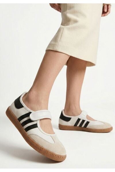 Generic Brand Menja Beige Skin Black Detailed Velcro Ballerina Shoes