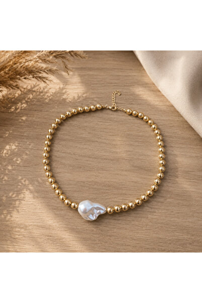 Barok inci detaylı gold choker kolye