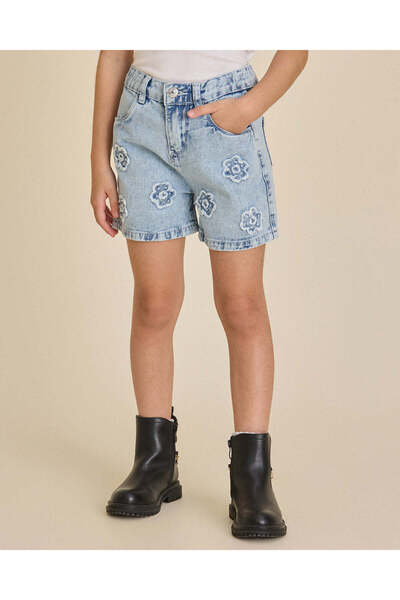 REDTAG Girls Blue 3D Floral Embroidery Shorts
