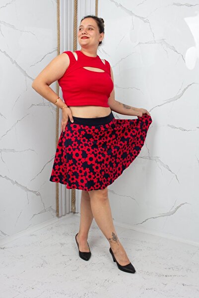 Truva XXL Plus Size Navy Blue Red Daisy Patterned Skirt