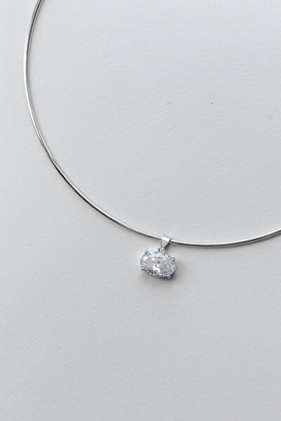 Oval Taşlı Silver Tasma Kolye