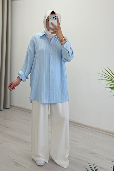 T Moda Store İkoll Basic Oversize Striped Shirt (Suitable for Sizes 38-46)