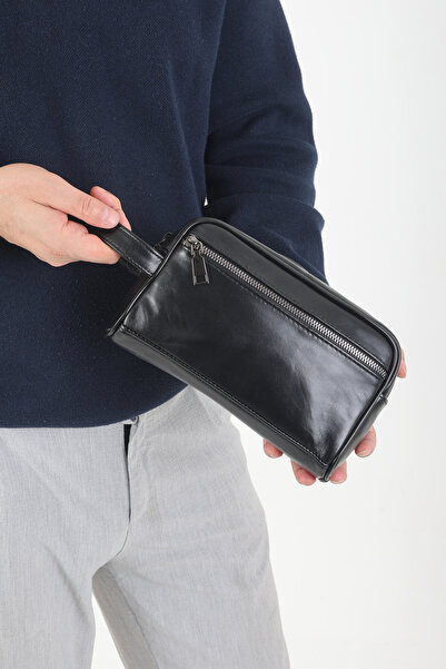 Erzeno Genuine Leather Black Men's Handbag - Travel Bag - Cosmetic Bag - Shav...