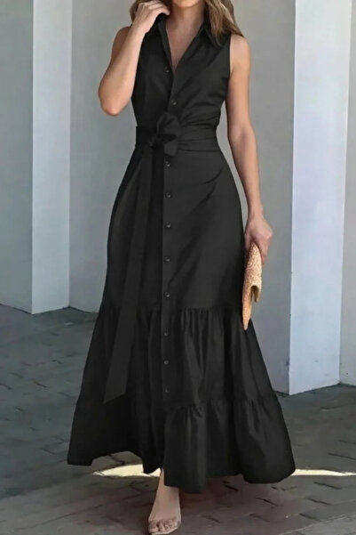 USLUCAN ALIŞVERİŞ Women's Sleeveless Collared Buttoned Waist Belted Long Tric...