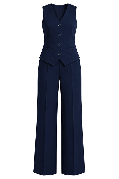 M&N Women's Navy Blue Vest Palazzo Trousers Set – Stylish Combination with Wi...