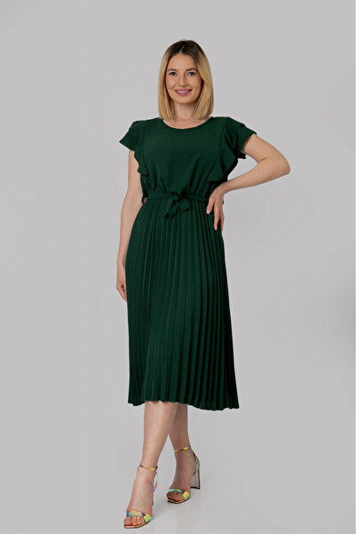 OEM Rochie plisata verde cu volane pe maneci