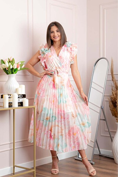 OEM Rochie eleganta plisata Cindy cu imprimeu floral si volane la umeri - Roz...