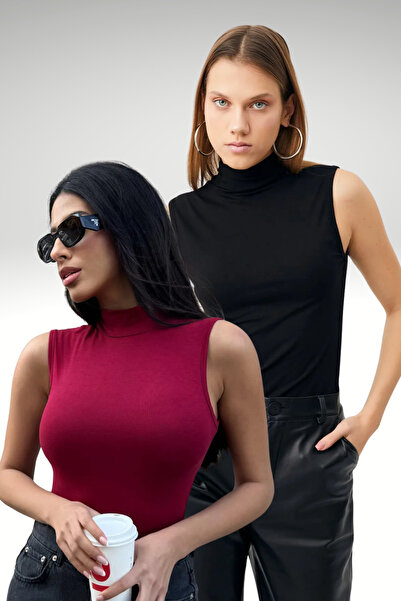 Ladima Women's Black Burgundy 2-Piece Sleeveless Blouse