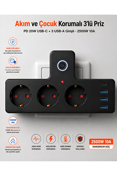 Dexmon 3'lü Duvar Tipi Termal Akım ve Çocuk Korumalı Priz PD 20W TYPE-C + 3 U...
