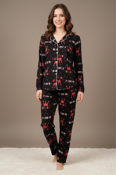 TOFİSA Printed Suede Pajama Set with Interlaced Detail - 28181-Black