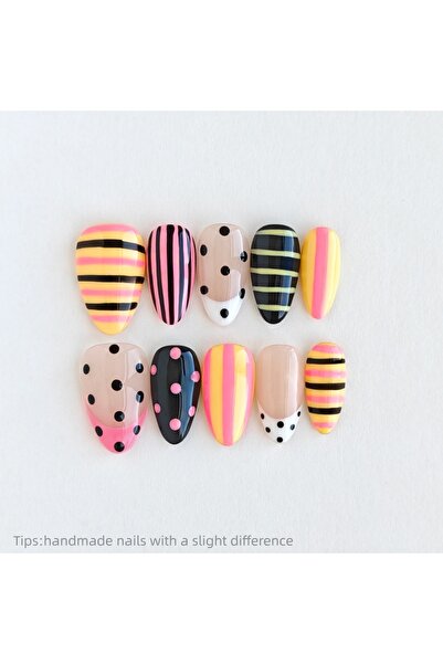 choice2 S 10pcs Handmade Colorful Stripe Polka Dot Press on Nails Short Full ...
