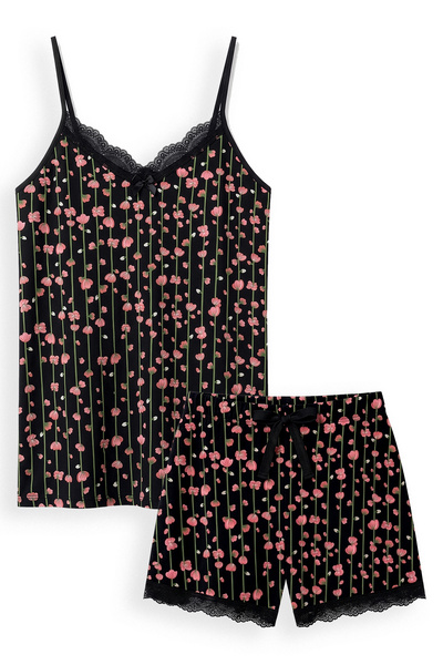 HNX Kadın Desenli Dantel Detaylı İp Askılı Şortlu Pijama Takım