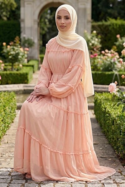 TOFİSA Layered Detailed Chiffon Dress Salmon - 28517-Somon