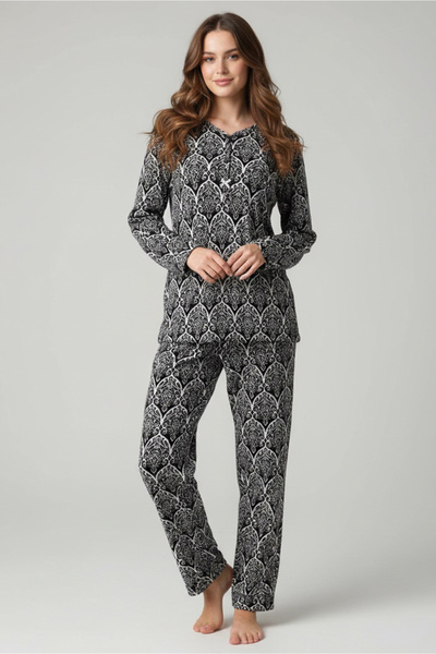 TOFİSA Patterned Suede Pajama Set - 28051-Black