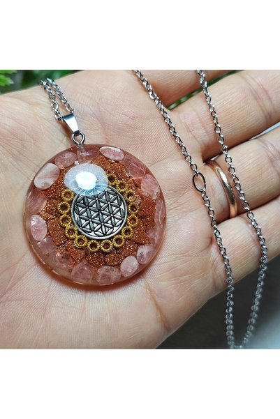 Singincraft Flower of Life - Rhodochrosite - Star Stone - Unique Design Steel Chain Orgonite Necklace (1 Piece Made.) - Handmade Design Products