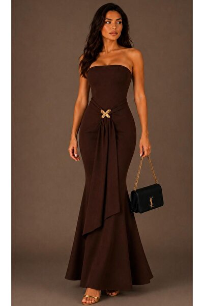 Rora Strapless Gold Accessory Detailed Fish Tail Evening Dress