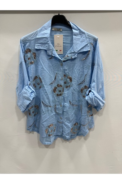 della moor Women's Baby Blue Italian Large Size Floral Embroidered Sequin Emb...