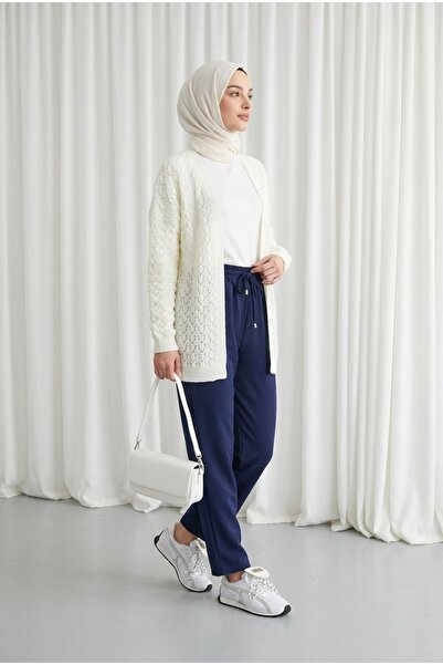 Modamorfo Openwork Patterned Casual Knitwear Cardigan -Ecru