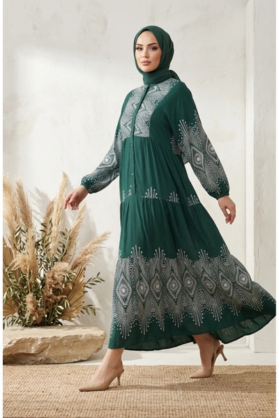 sefamerve Viscose Fabric Patterned Dress 5586-03 Green