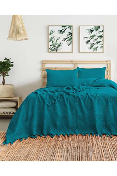 DONATEV Double Size Petrol Blue Heart Pattern Cotton Pique