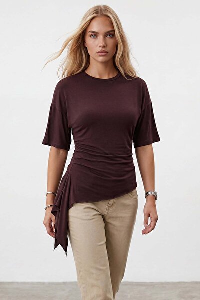 Trend Alaçatı Stili Women's Brown Gathered Detailed Asymmetrical Cut Blouse A...