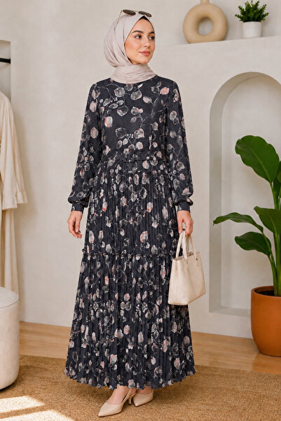 EruZan Women's Patterned Lined Belt Detail Chiffon Hijab Dress