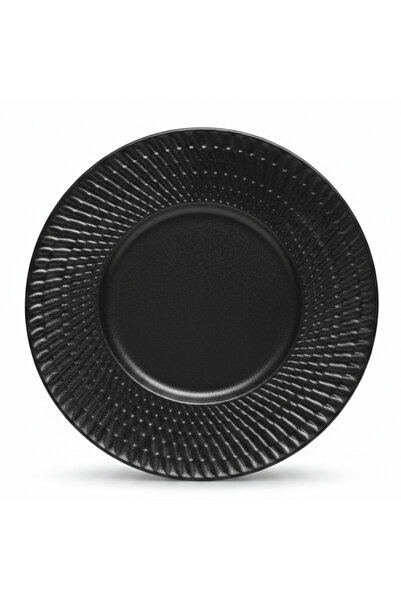 AKDC Black Ceramic Round Dinner Plate with Embossed Radial Rim – 10.5 Inch