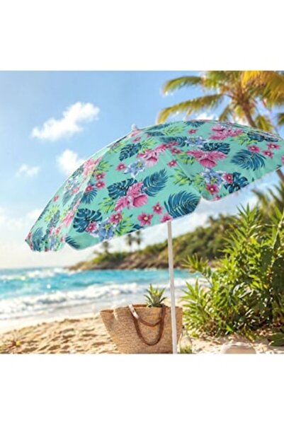 OEM Umbrelă de plajă turcoaz cu flori fuchsia și cadru metalic Ø2m