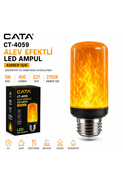 Cata CT-4059 Alev Efektli LED Ampul 5W E27 Amber 2700K 400 Lümen Dekoratif Al...