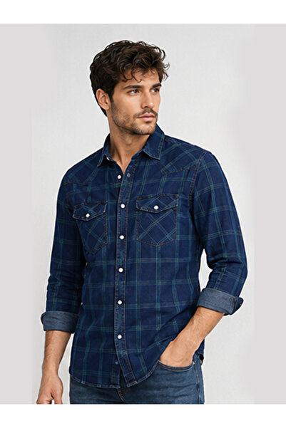 FSR FUSARO Erkek Denim Ekose Pamuklu Çıtçıt Düğmeli Slim Fit Uzun Kollu Gömlek