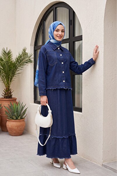 Modamorfo Shirt Collar, Double Pockets, Buttoned Hem, Tasseled Denim Suit - D...