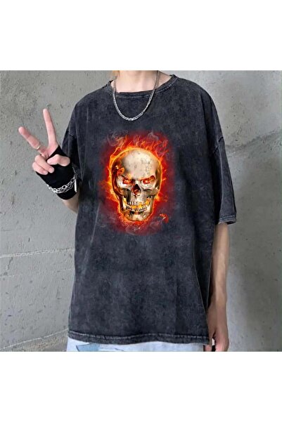 Touz Moda Tricou unisex cu imprimeu Craniu Flaming, lavabil, în stil vintage